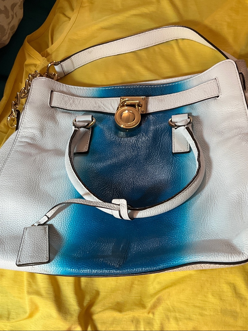 MICHAEL KORS White and Blue Gradient Leather Tote Bag with Gold Accent